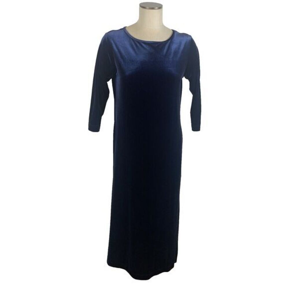 VTG Talbots Velvet Blue Velour Dress Slit on Side Maxi Length Size PS